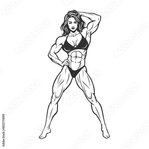 Muscular Female Bodybuilder Posing in Line Art Style