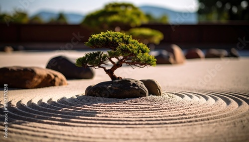 Minimalist Japanese Zen Garden with Sand, Stones, and Bonsai