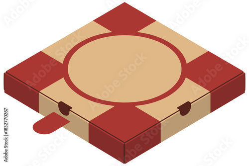 A pizza box with a red and tan checkered pattern sits ready to be opened.