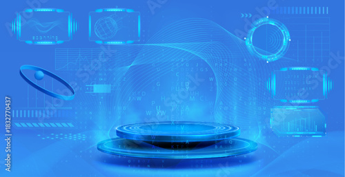 Hologram tech podium with neon light portal effect on futuristic blue background. 3D digital stage platform with glowing HUD data display and cyberpunk game interface elements for product presentation