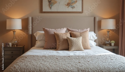 Warm-toned bedroom with textured bedding, attractive pillows and a trendy nightstand.