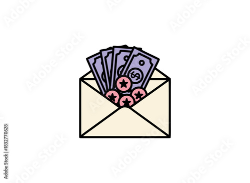Open Envelope Filled With Banknotes and Coins Vector Illustration On White Background