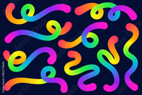 Color gradient lines. Abstract wavy shapes. Vector curved rainbow spiral elements on dark background. Dynamic squiggle fluid gradation strokes for poster and banner design.