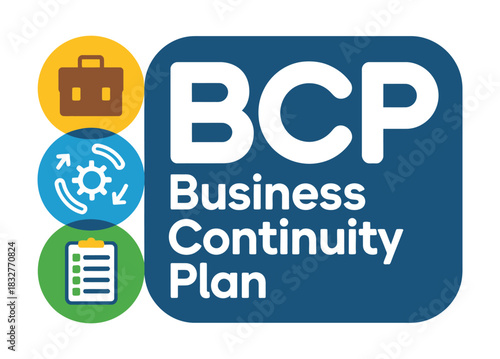 Business continuity plan graphic with icons for planning, process, and checklist.