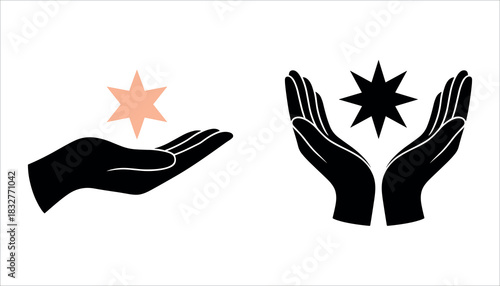 Two black hands holding stars one peach star above open palm one dark star above cupped hands open hand