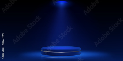 Blue round podium stage with spotlight rays, dramatic lighting on dark background. 3D studio platform for award presentation or product display. Circular glowing scene with atmospheric light beams.