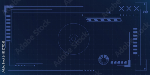 HUD frame UI tech design for cyberpunk game interface. Futuristic screen overlay with digital elements and holographic borders. Modern technology display for sci fi gaming, VR applications and space.