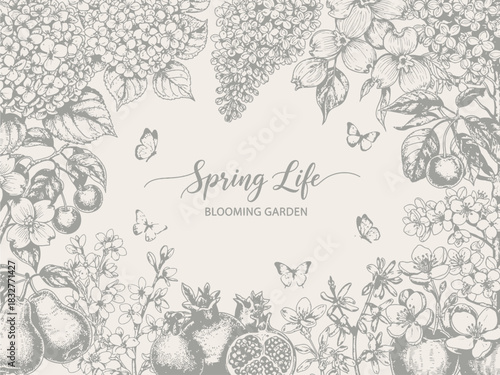 Vintage Botanical Spring Life: Elegant Black & White Floral Engraving with Golden Butterflies