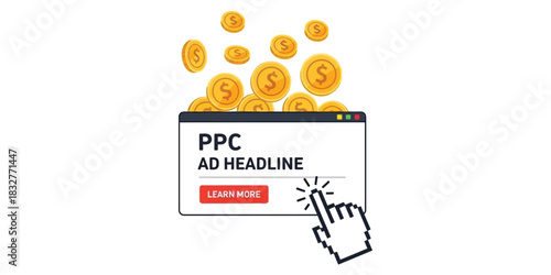 Illustrative concept of online advertising success with a Pay-Per-Click ad headline being clicked by a cursor, generating a shower of golden coins for business growth and profit