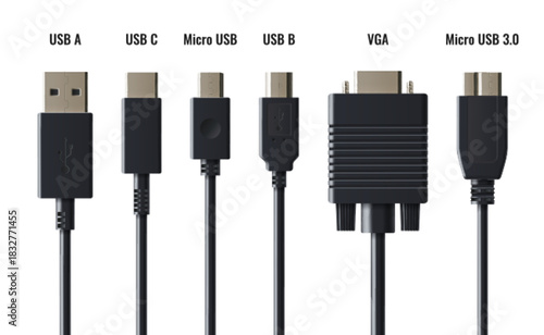 USB cable set with multiple connector types - Type A and C, Micro and USB B, VGA adapter. Black realistic modern standard cables with chrome plated ports for computer, phone and laptop connectivity.