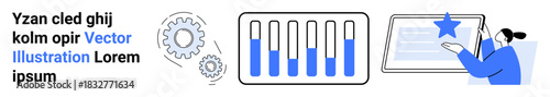 Progress bar for metrics, gear icon for processing, woman interacting with a tablet, star recognition. Ideal for analytics, technology, teamwork, innovation, workflow achievement simple landing