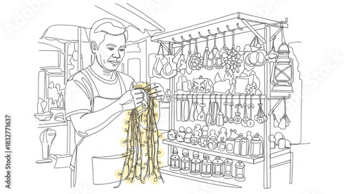 A vendor meticulously arranging a string of festive lights at a market stall filled with various goods and decorative items