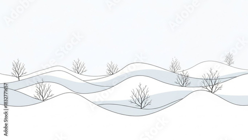Minimalist winter landscape with rolling snowdrifts and bare trees under a vast clear pale sky creating a serene and tranquil scene