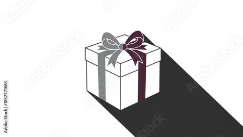 A minimalist illustration of a white gift box with a dual colored ribbon and bow casts a long shadow on a white background