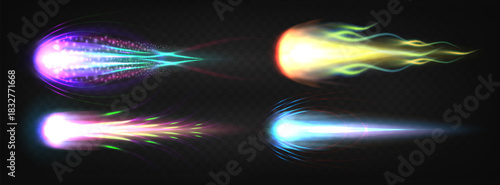 Rocket fire trail effect with flame jet propulsion in neon colors. 3D spaceship engine blast with glowing comet tail for game VFX. Plasma light with speed motion effect on transparent background.