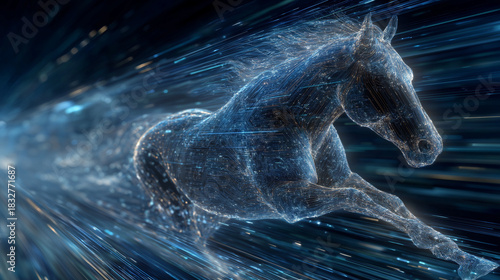 Quantum Steed's Gallop: A digital representation of a horse, forged from vibrant streams of light, streaks through a tunnel of pure energy, embodies speed, innovation, and the unbound future.