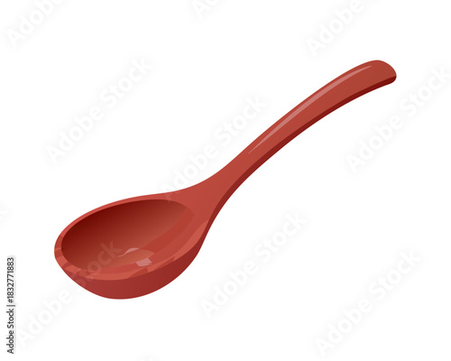 Red plastic spoon and wooden kitchen utensil isolated on white background