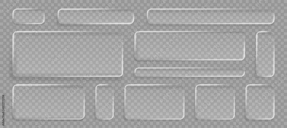 Obraz premium Liquid glass ui rectangle button collection with transparent frame effect - rounded corner boxes with frosted acrylic texture. Modern 3d interface design kit for overlay mockups or web elements.