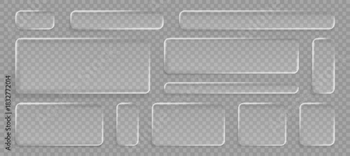 Liquid glass ui rectangle button collection with transparent frame effect - rounded corner boxes with frosted acrylic texture. Modern 3d interface design kit for overlay mockups or web elements.