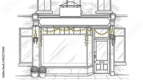 Charming hand drawn sketch of a storefront with large display window and decorative string lights adorning the facade