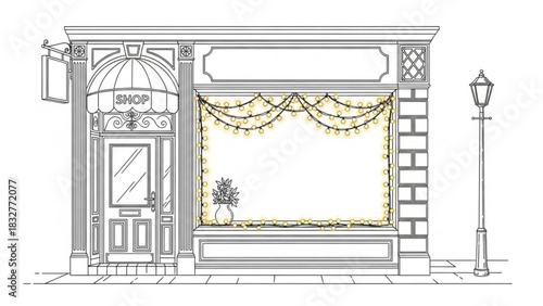 Charming storefront with a classic awning inviting entrance and festive string lights adorning the display window evoking a sense of cozy commerce