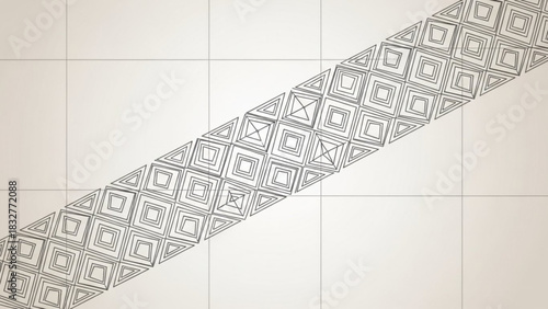 A diagonal band of intricate geometric patterns composed of nested squares and triangles overlays a subtle grid background creating a modern abstract design