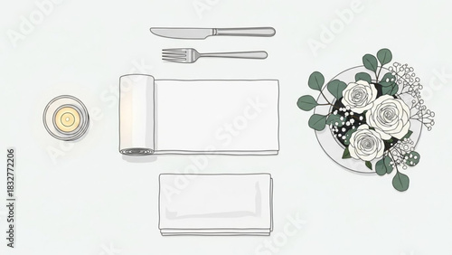 Elegant table setting with white roses candlelight and silverware for a romantic dinner or special occasion