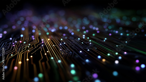 Cyber Circuit: Abstract representation of a complex circuit board, showing data transfer and digital network connection. It evokes a sense of futuristic technology and innovation.
