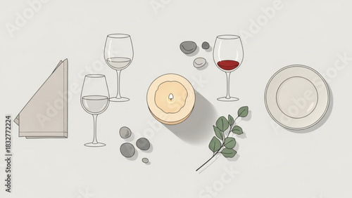 A minimalist table setting with two wine glasses a lit candle a folded napkin a plate and decorative stones and eucalyptus leaves