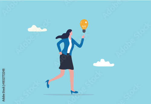 Businesswoman thinking about idea, solution or strategy planning, career or occupation, expertise or professional to solve problem concept, cheerful businesswoman got new idea lightbulb in her hand.