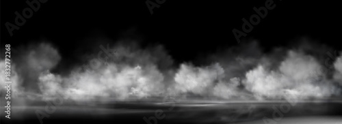 Gray smoke clouds on black water surface. Vector realistic illustration of thick transparent fog, dirty dusty air, dark vapor floating at night, spooky Halloween atmosphere design, horror haze effect