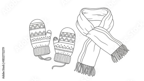 A charming black and white line drawing illustration of a pair of patterned winter mittens and a fringed scarf perfect for seasonal crafts and designs
