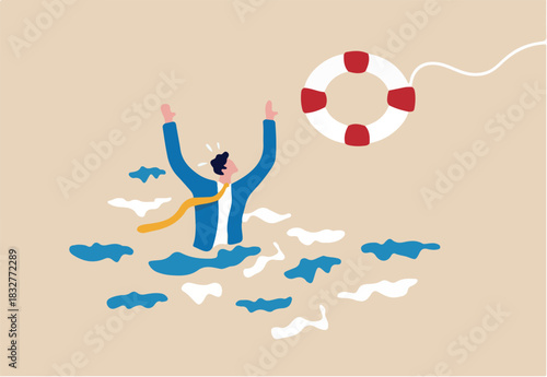 Help in crisis, life saver, rescue or business support, safe and security aid to solve problem, emergency lifebuoy concept, hopeless businessman drowning in ocean try to grab lifebuoy from safe guard.