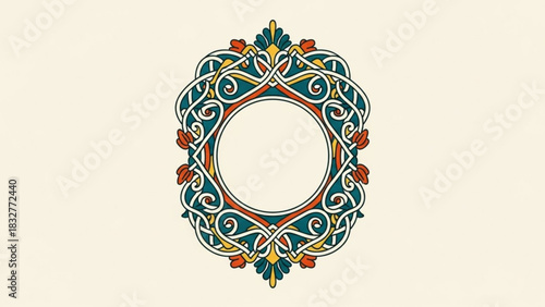 Intricate celtic knotwork oval frame with vibrant red yellow and teal colors on a cream background