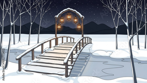 A charming snow covered wooden bridge adorned with glowing lanterns leads across a frozen waterway under a starry night sky with silhouetted trees and mountains