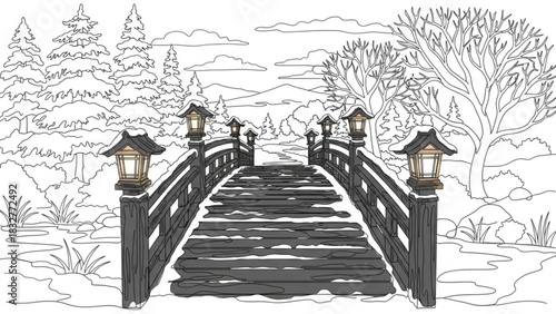 A serene winter scene unfolds with a snow dusted arched bridge adorned with traditional lanterns leading through a tranquil forest landscape