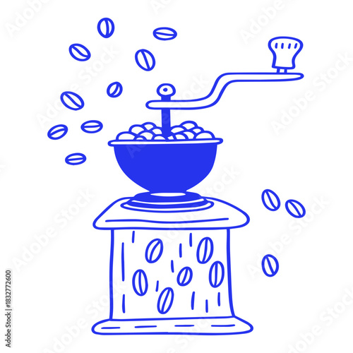 Hand-drawn Coffee Grinder Illustration with Coffee Beans