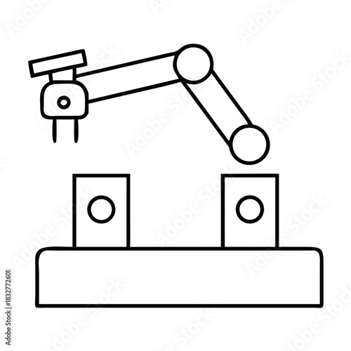 Outline drawing of a robotic arm manipulating two blocks on transparent background