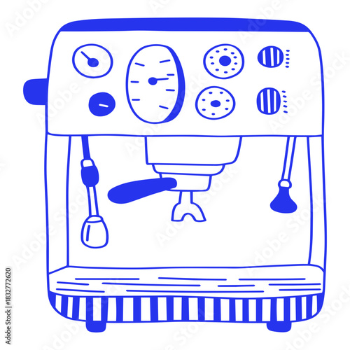 Blue Espresso Machine Line Art Doodle Illustration