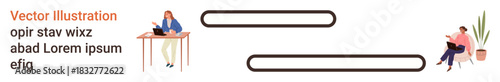 Remote work, office productivity, online collaboration, workplace setup, communication, ergonomic design. A seated person at a desk and another person relaxing with a laptop. Remote work and office