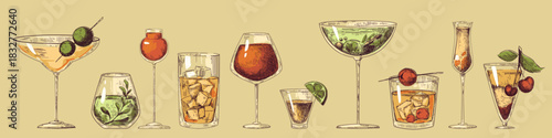 Color sketch of cocktail glasses isolated on background. Vector illustration of hand drawn drinks with alcohol, citrus fruit, berries and ice, vintage style restaurant menu icons, elegant party bar