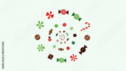 A festive spiral of colorful candies including peppermint swirls striped candies candy canes and coffee beans on a light green background