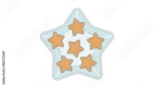 A delightful star shaped dish filled with five perfectly baked star shaped cookies adorned with white icing outlines against a clean white background