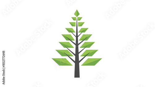 Stylized geometric evergreen tree with a dark trunk and vibrant green diamond shaped leaves on a white background