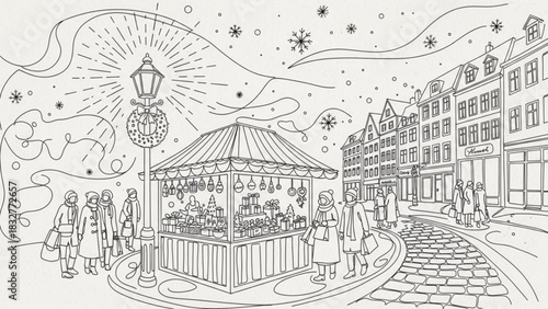 Charming european christmas market scene with festive stalls snowing skies and shoppers amidst historic architecture