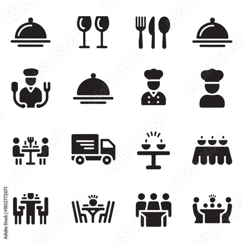 Catering line icon set vector. Catering service, food, delivery of ready meals, guest service, menu for event, banquet vector