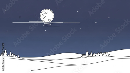 A minimalist winter night scene unfolds with a large stylized moon reflecting on calm water under a starry sky above snow covered hills and evergreen trees