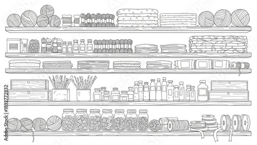 A detailed line art illustration of a craft room shelf filled with various supplies including yarn balls jars of buttons paintbrushes and spools of ribbon