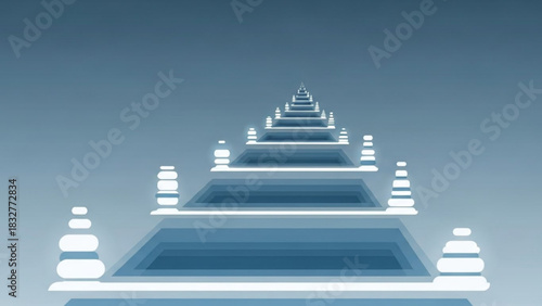 Infinite staircase of light and shadow leading to an unknown destination in a serene blue gradient sky