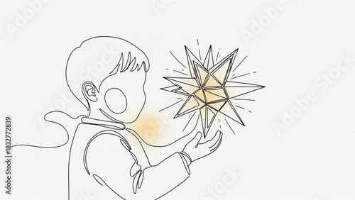 A minimalist line art illustration depicts a child holding a glowing star in their outstretched hands symbolizing hope and wonder